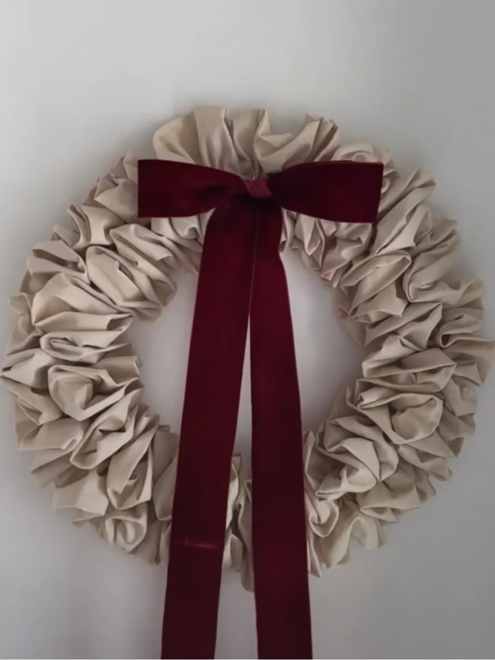 Handmade Cream Holiday Wreath with Burgundy Bow